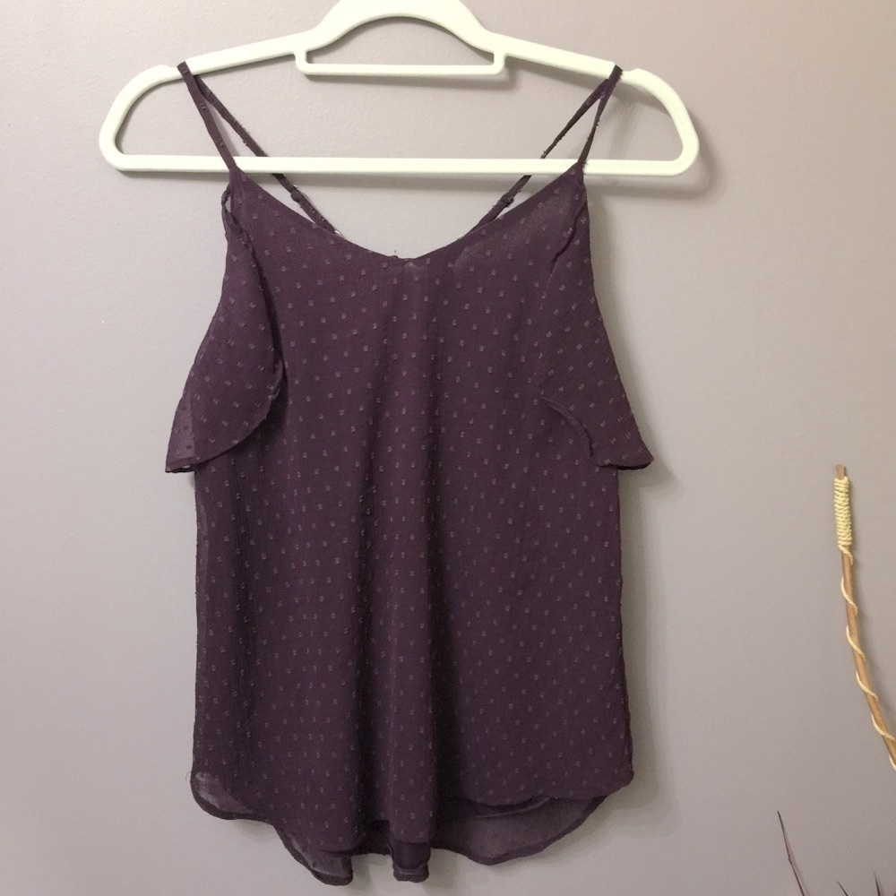 SWISS dot sheer lined cami/flutter racerback tank plum/eggplant. Small.
